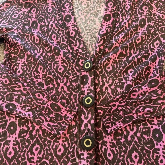Tory Burch Merino Wool Cardigan Sweater, Pink and Brown Print, Logo Buttons, S - Picture 12 of 15